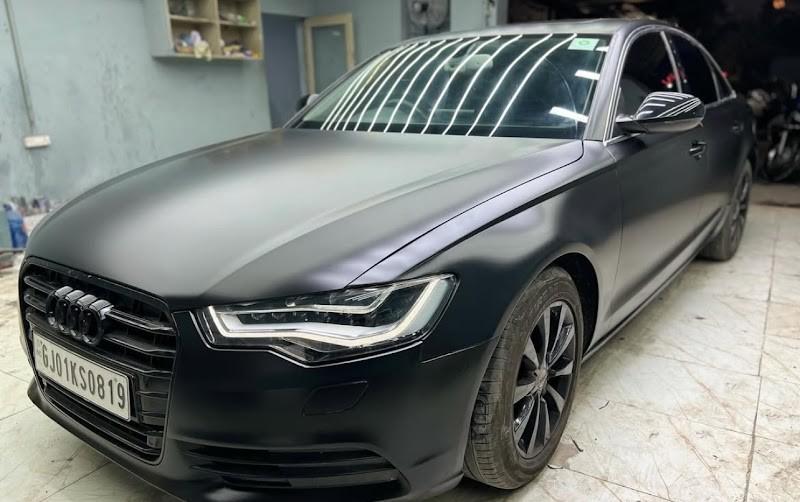 Audi A6 in satin matte black wrap at V8Hub Performance, Thaltej